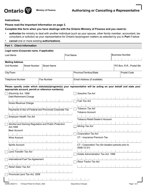 Form 0009E Authorizing or Cancelling a Representative - Ontario, Canada