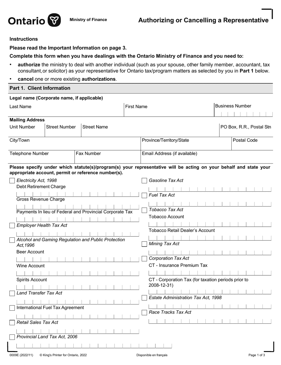 Form 0009E Authorizing or Cancelling a Representative - Ontario, Canada, Page 1