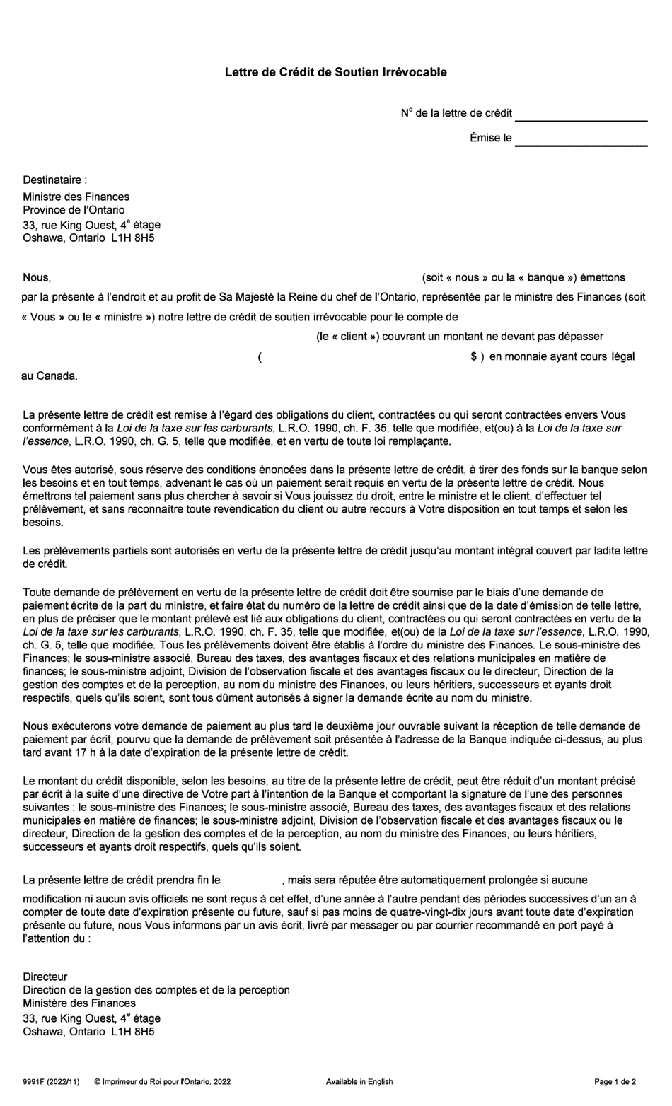Forme 9991F Lettre De Credit De Soutien Irrevocable - Ontario, Canada (French), Page 1