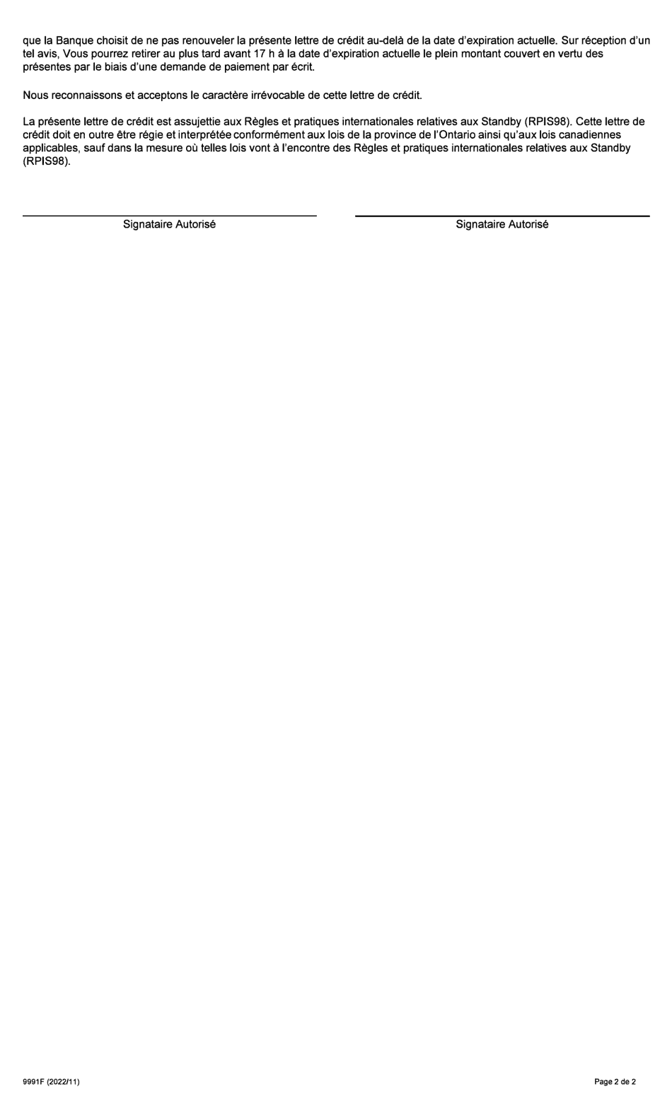 Forme 9991F Lettre De Credit De Soutien Irrevocable - Ontario, Canada (French), Page 2