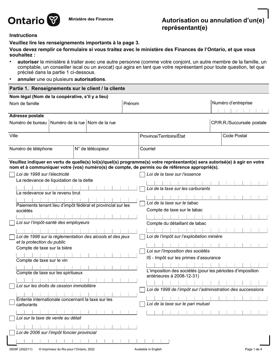 Forme 0009F Autorisation Ou Annulation Dun(E) Representant(E) - Ontario, Canada (French), Page 1