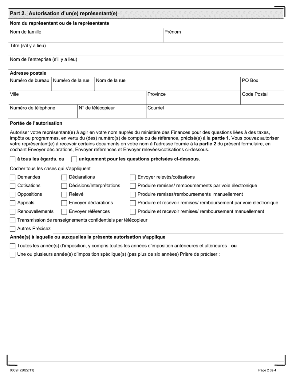 Forme 0009F Autorisation Ou Annulation Dun(E) Representant(E) - Ontario, Canada (French), Page 2