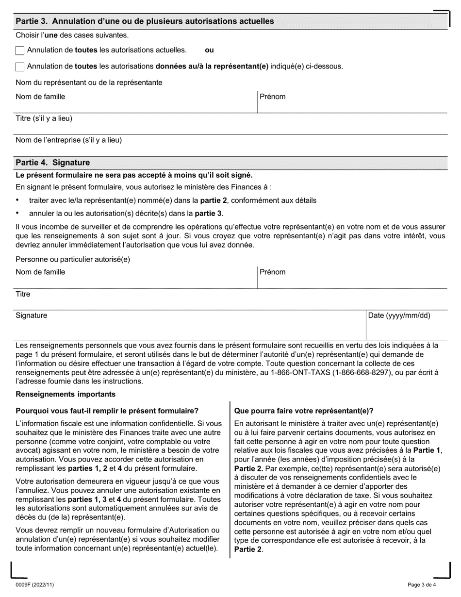Forme 0009F Autorisation Ou Annulation Dun(E) Representant(E) - Ontario, Canada (French), Page 3