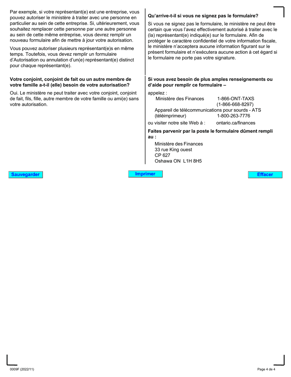 Forme 0009F Autorisation Ou Annulation Dun(E) Representant(E) - Ontario, Canada (French), Page 4