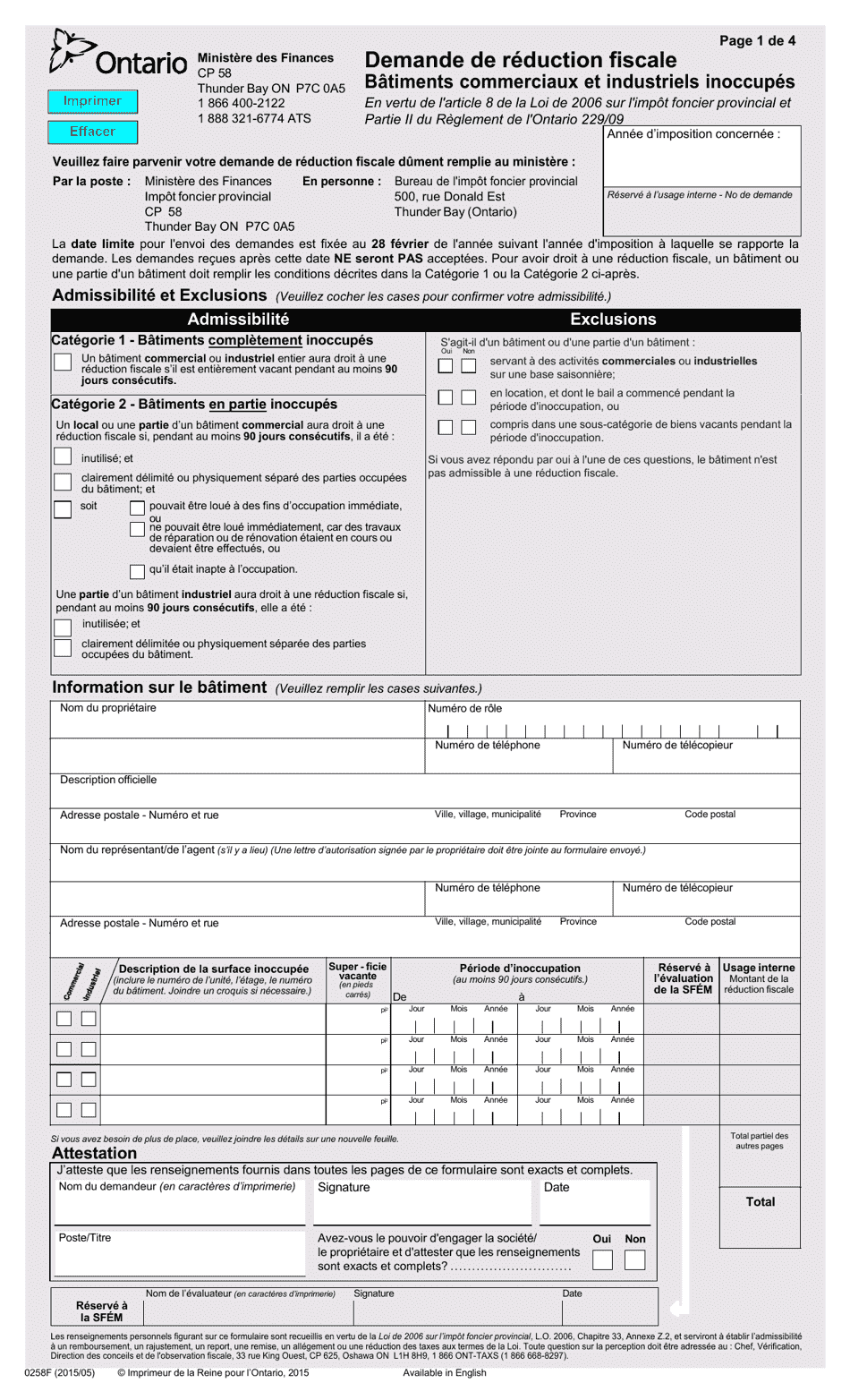 Forme 0258F Demande De Reduction Fiscale Batiments Commerciaux Et Industriels Inoccupes - Ontario, Canada (French), Page 1