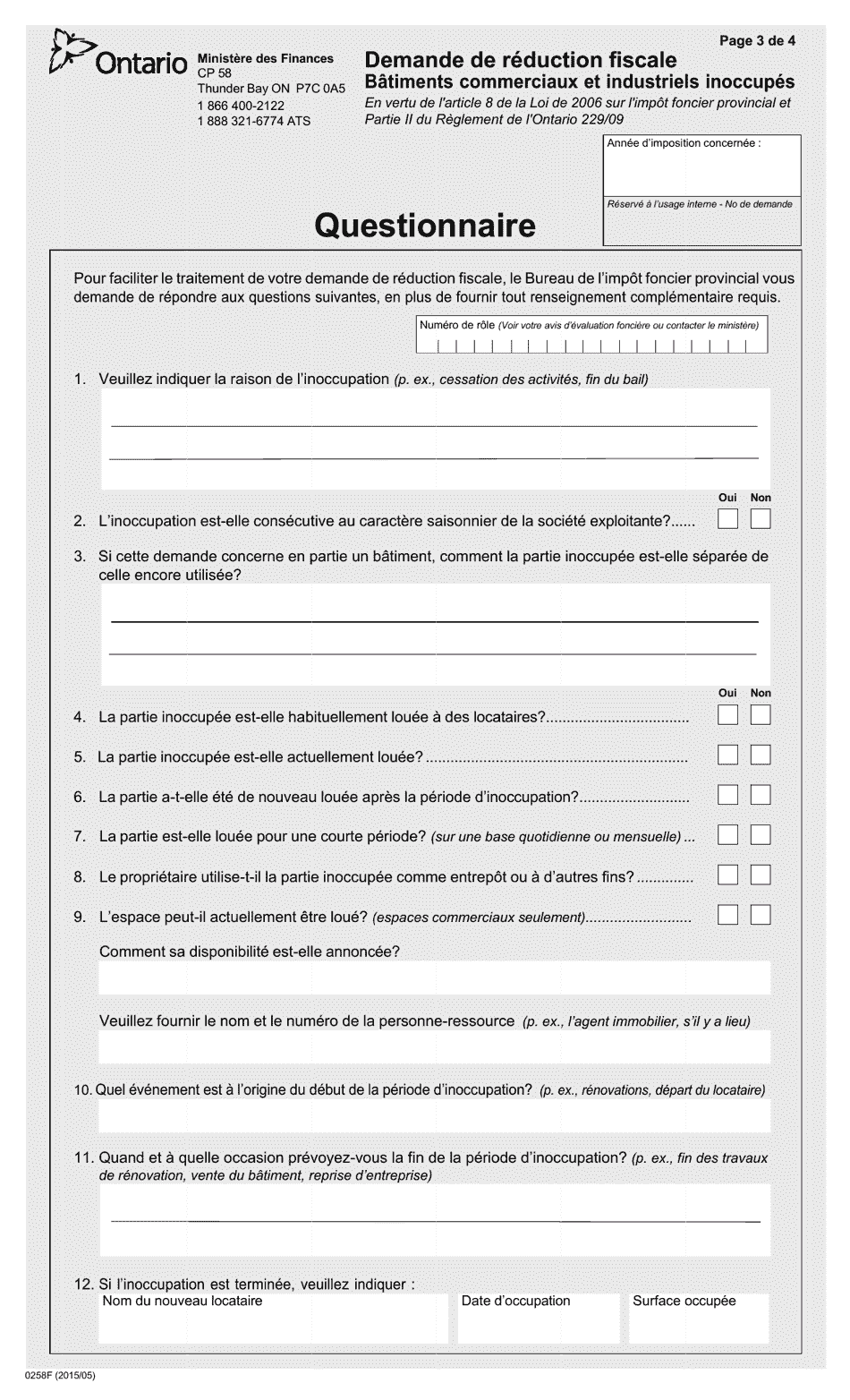 Forme 0258F Demande De Reduction Fiscale Batiments Commerciaux Et Industriels Inoccupes - Ontario, Canada (French), Page 3