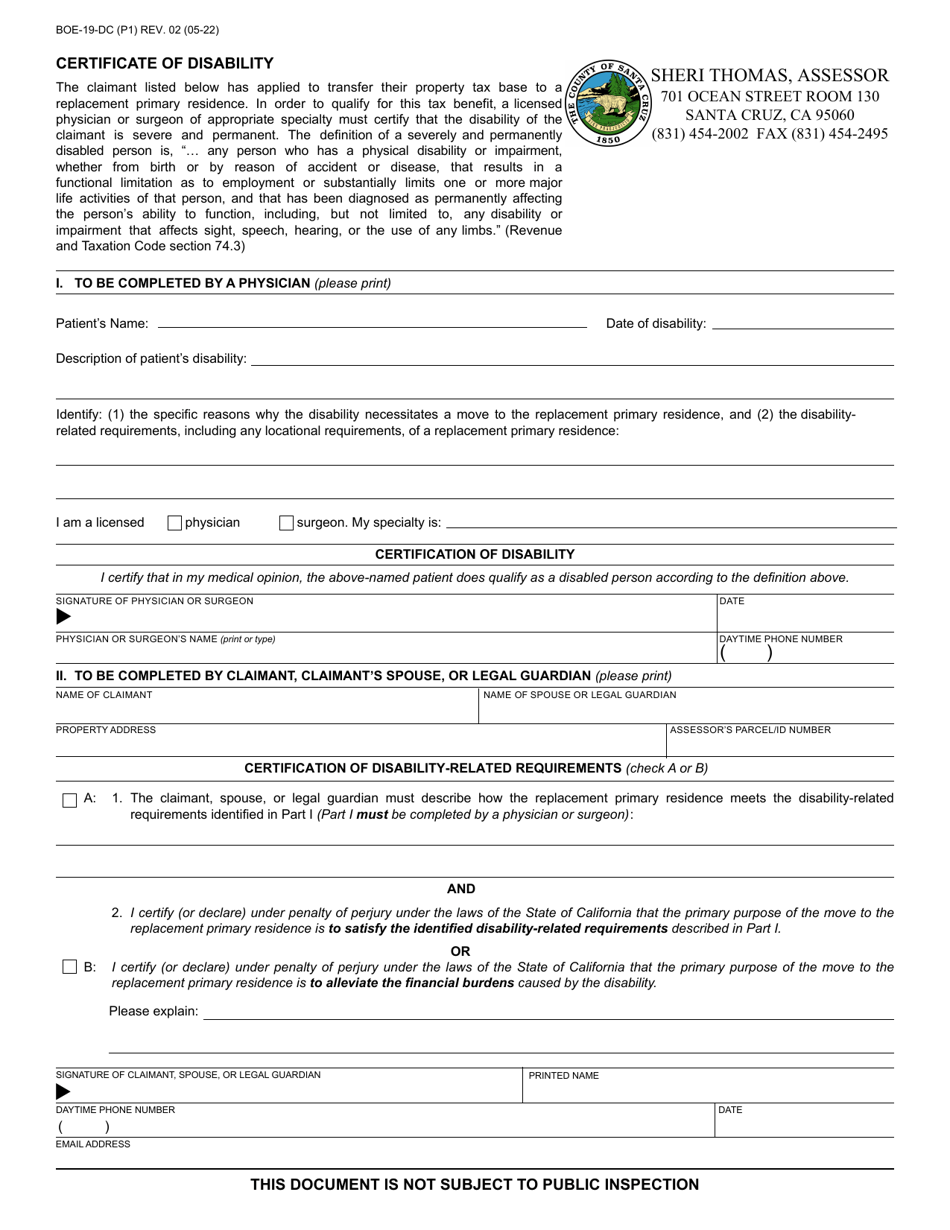 Form BOE-19DC Certificate of Disability - Santa Cruz County, California, Page 1