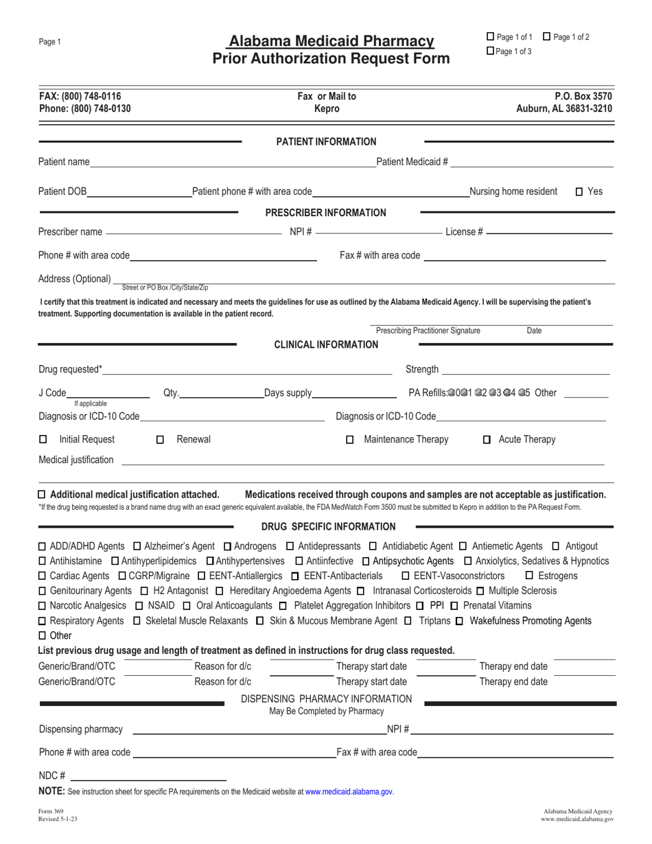 Form 369 Pharmacy Prior Authorization Request Form - Alabama, Page 1