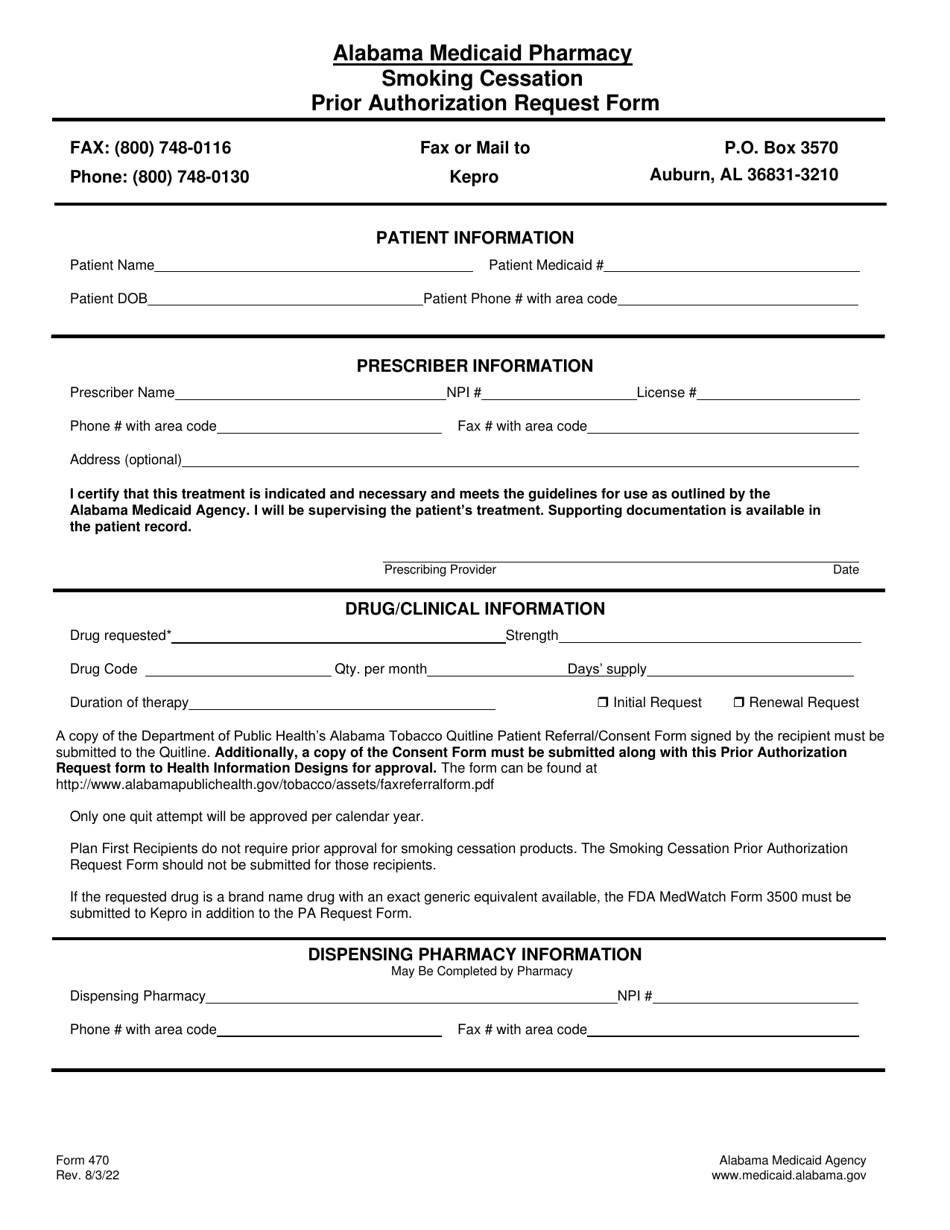 Form 470 Smoking Cessation Prior Authorization Request Form - Alabama, Page 1