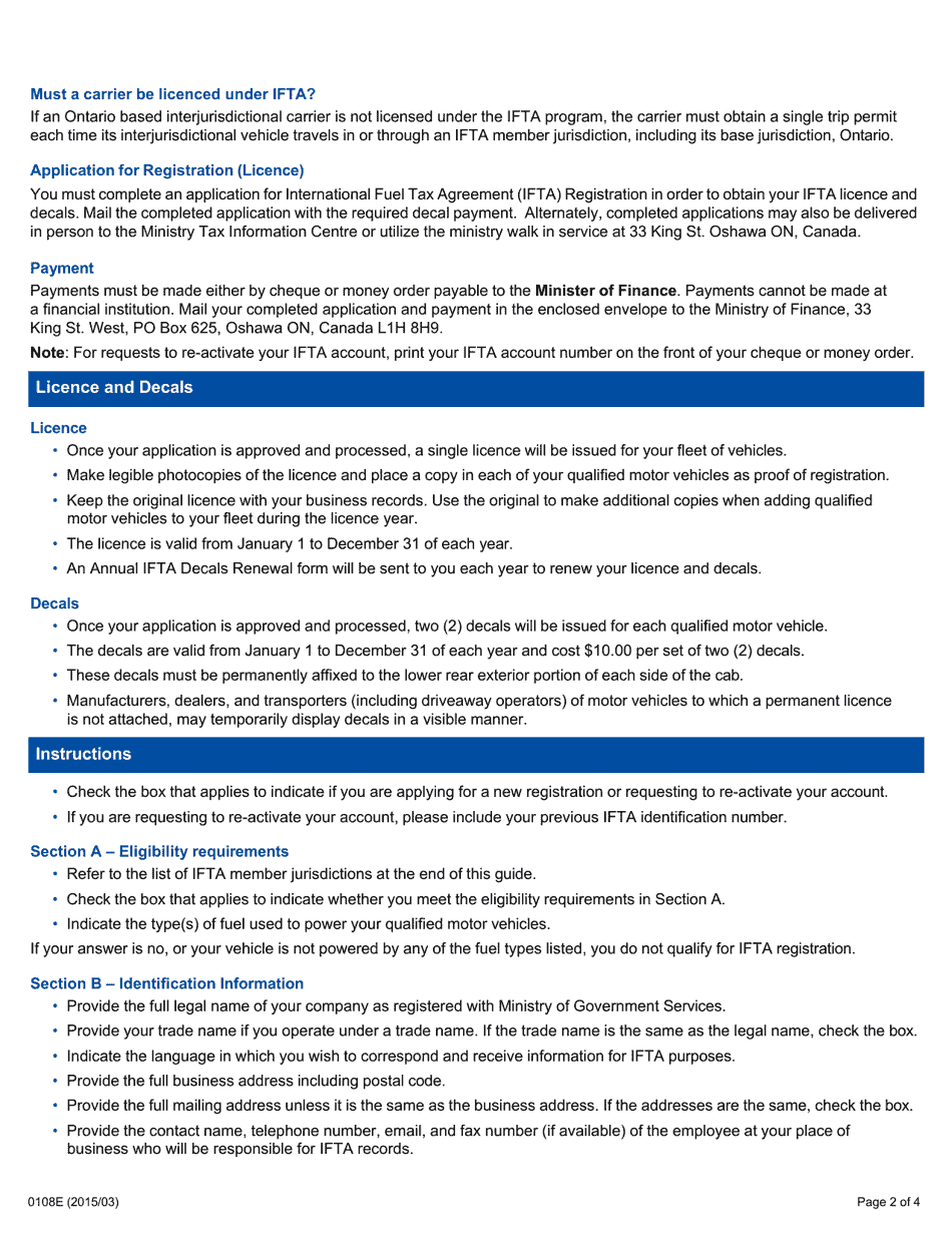 Instructions for Form 0166E Application for International Fuel Tax Agreement (Ifta) Registration - Ontario, Canada, Page 2