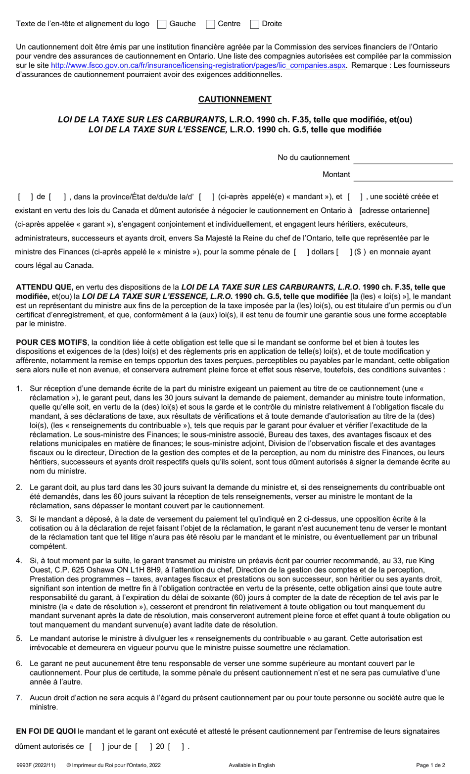 Forme 9993F Cautionnement - Ontario, Canada (French), Page 1