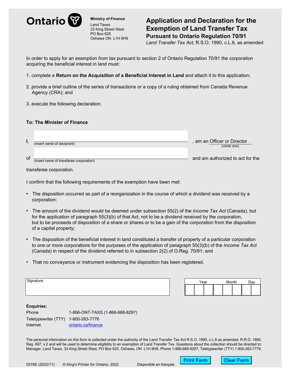 Form 0276E Application and Declaration for the Exemption of Land Transfer Tax - Ontario, Canada, Page 1