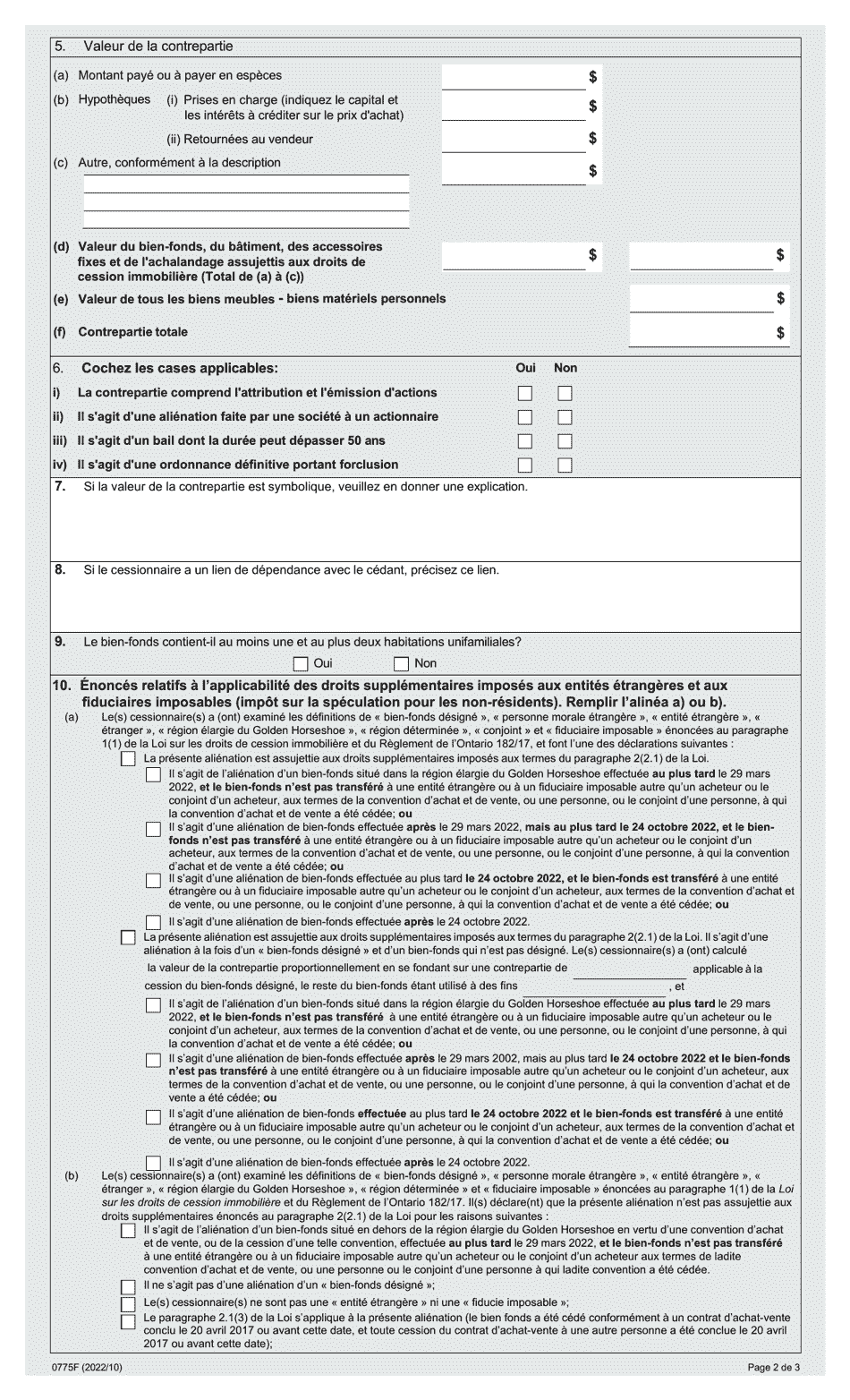 Forme 0775F Declaration Sur Lacquisition Dun Interet Beneficiaire Dans Un Bien-Fonds - Ontario, Canada (French), Page 2