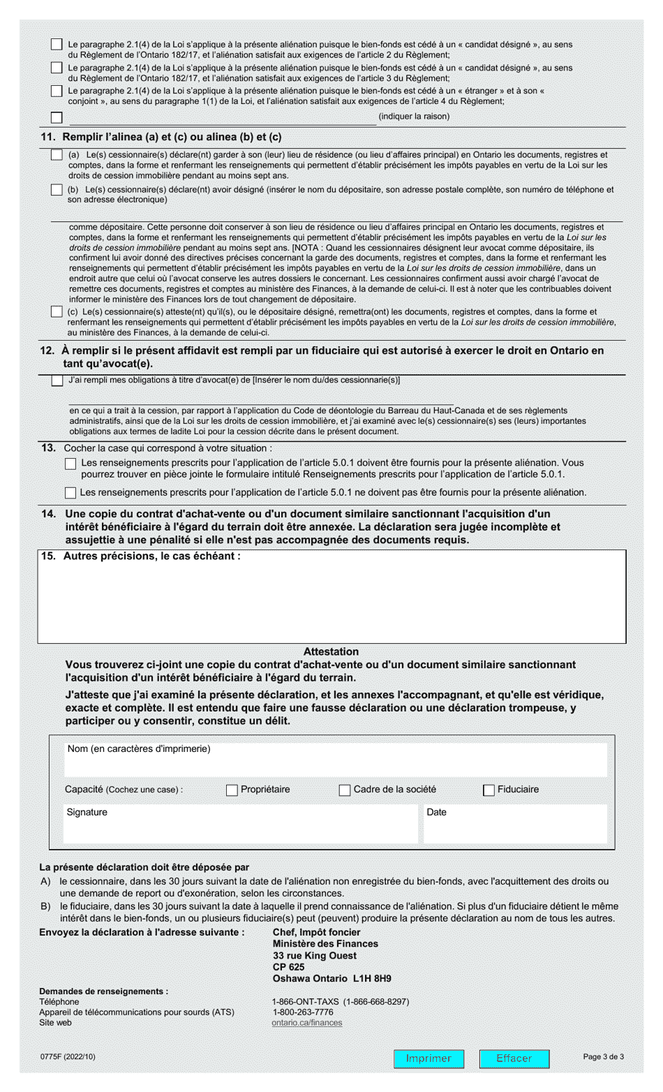 Forme 0775F Declaration Sur Lacquisition Dun Interet Beneficiaire Dans Un Bien-Fonds - Ontario, Canada (French), Page 3