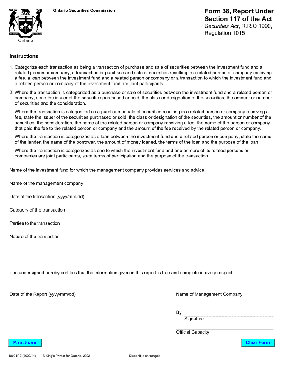 Form 38 (10091PE) Report Under Section 117 of the Act - Ontario, Canada, Page 1