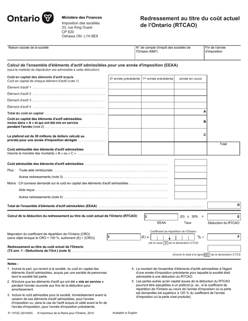 Forme 1473C Redressement Au Titre Du Cout Actuel De L'ontario (Rtcao) - Ontario, Canada (French)