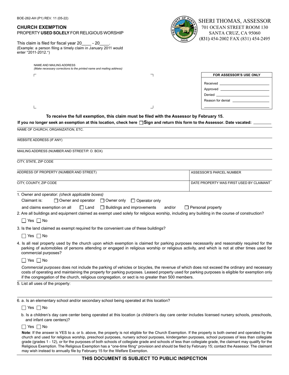 Form BOE-262-AH Church Exemption - Santa Cruz County, California, Page 1