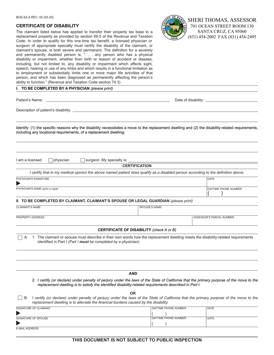 Form BOE-62-A Certificate of Disability - Santa Cruz County, California, Page 1