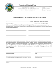 Document preview: Authorization to Access Confidential Files - Santa Cruz County, California