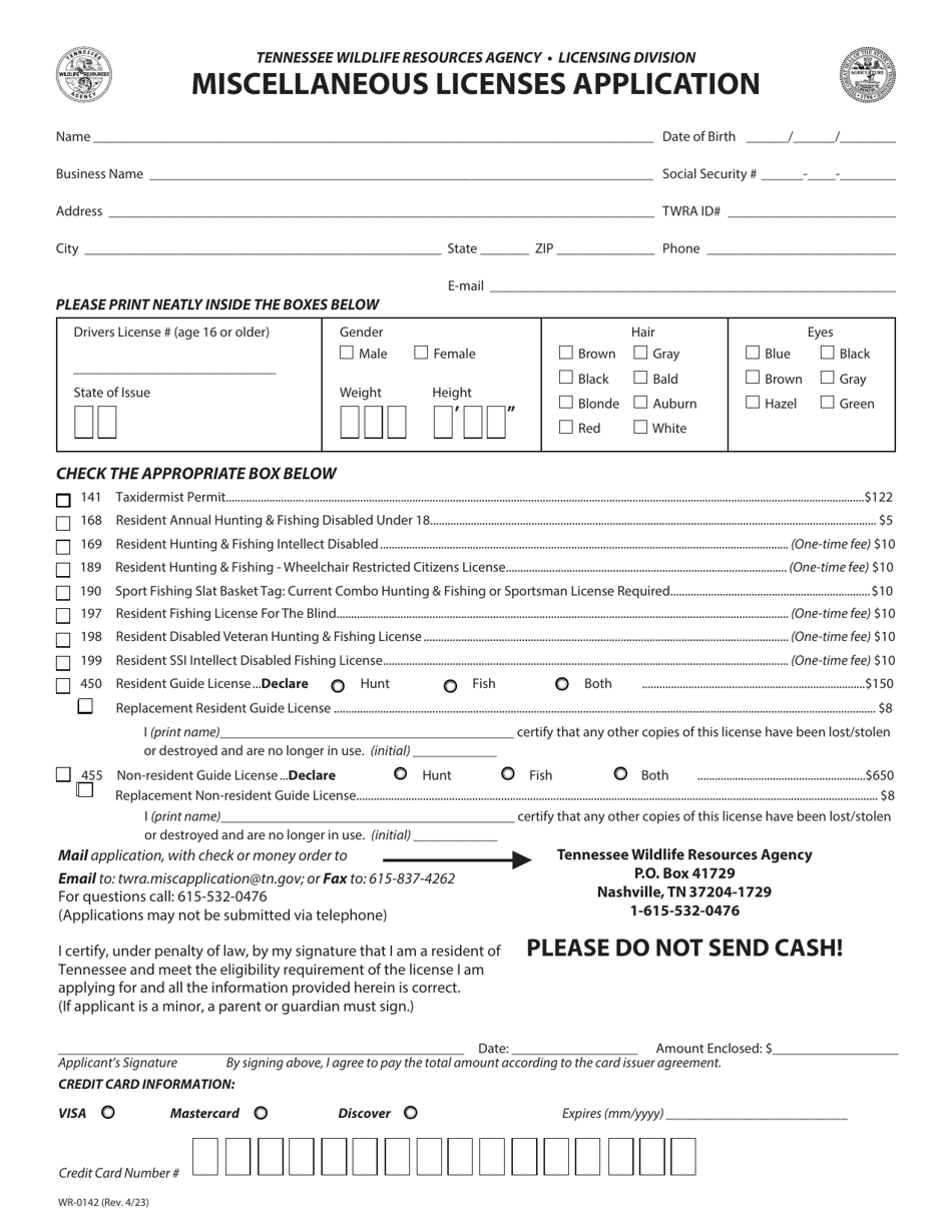 Form WR-0142 Miscellaneous Licenses Application - Tennessee, Page 1