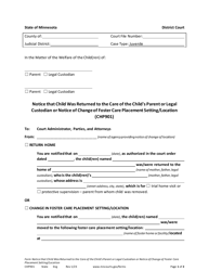 Form CHP901 Notice That Child Was Returned to the Care of the Child&#039;s Parent or Legal Custodian or Notice of Change of Foster Care Placement Setting/Location - Minnesota