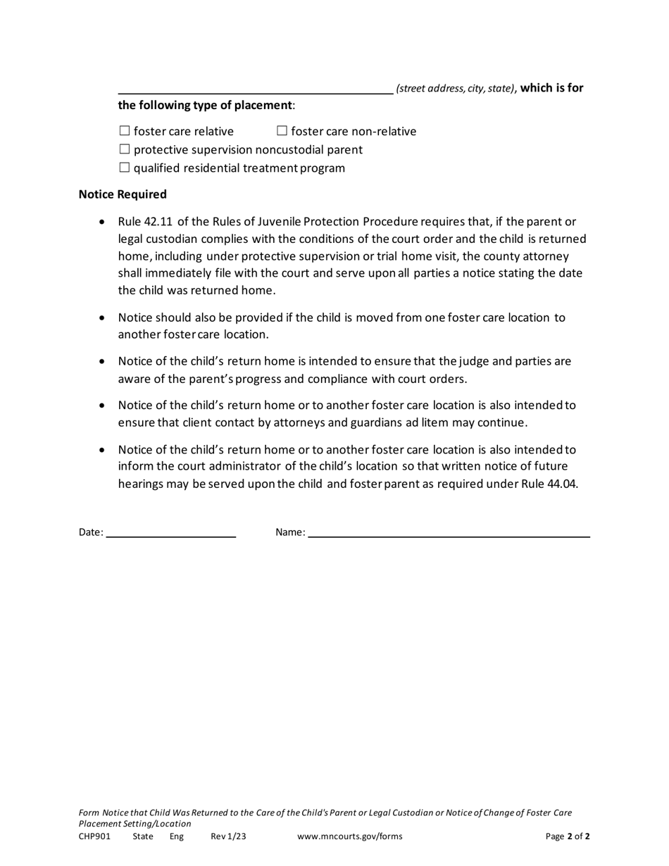Form CHP901 Notice That Child Was Returned to the Care of the Childs Parent or Legal Custodian or Notice of Change of Foster Care Placement Setting / Location - Minnesota, Page 2