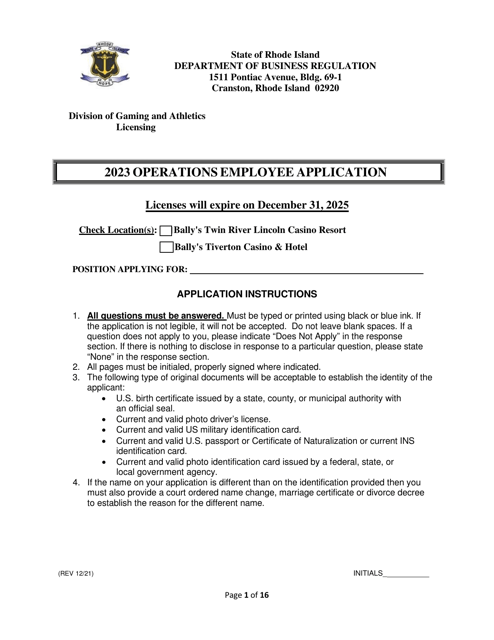 Operations Employee Application - Rhode Island Download Pdf