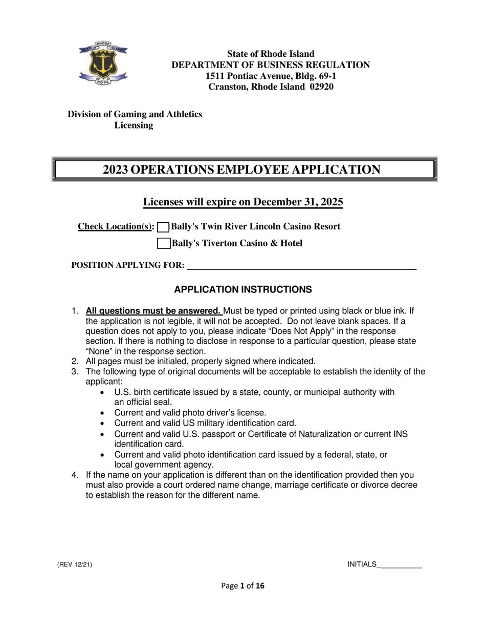 Operations Employee Application - Rhode Island, Page 1