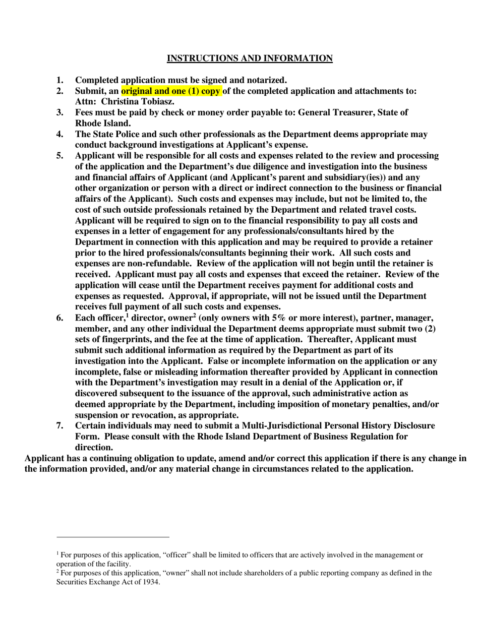 Gaming Vendor Application - Rhode Island, Page 1