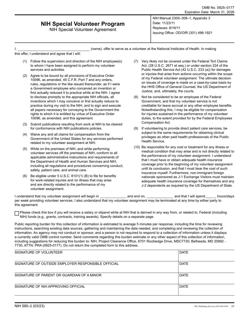 Form NIH590-2 Nih Special Volunteer Agreement - Nih Special Volunteer Program, Page 1