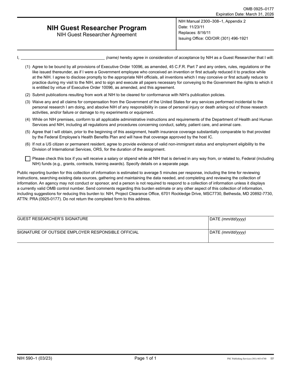 Form NIH590-1 Nih Guest Researcher Agreement - Nih Guest Researcher Program, Page 1