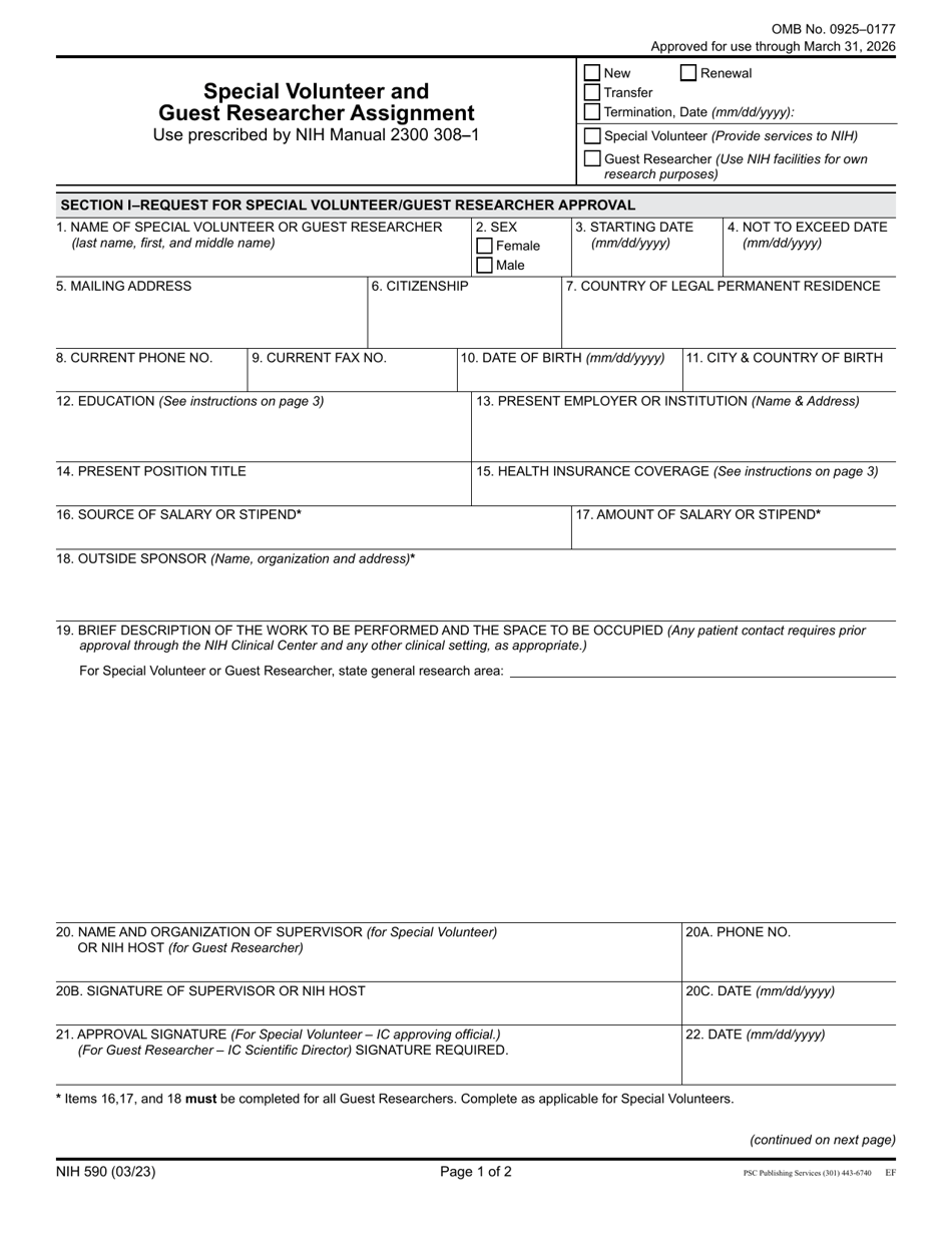 Form NIH590 Special Volunteer and Guest Researcher Assignment, Page 1