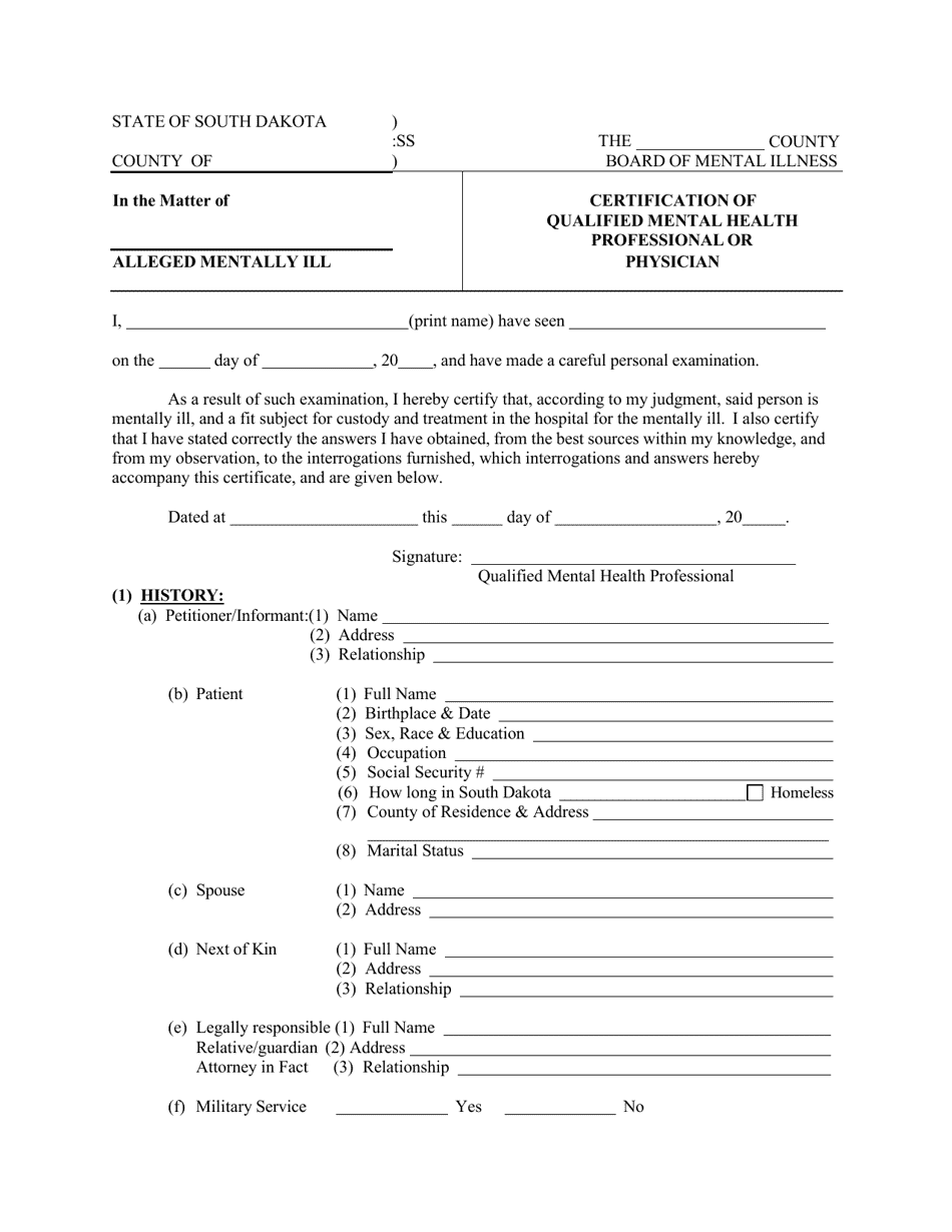 Certification of Qualified Mental Health Professional or Physician - South Dakota, Page 1