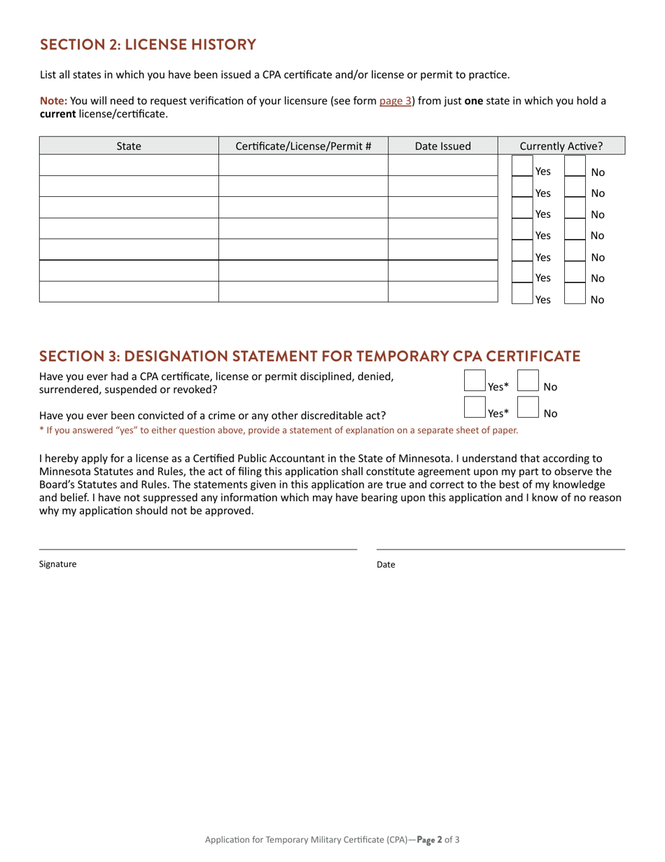 Application for Temporary Military Certificate (CPA) - Minnesota, Page 3