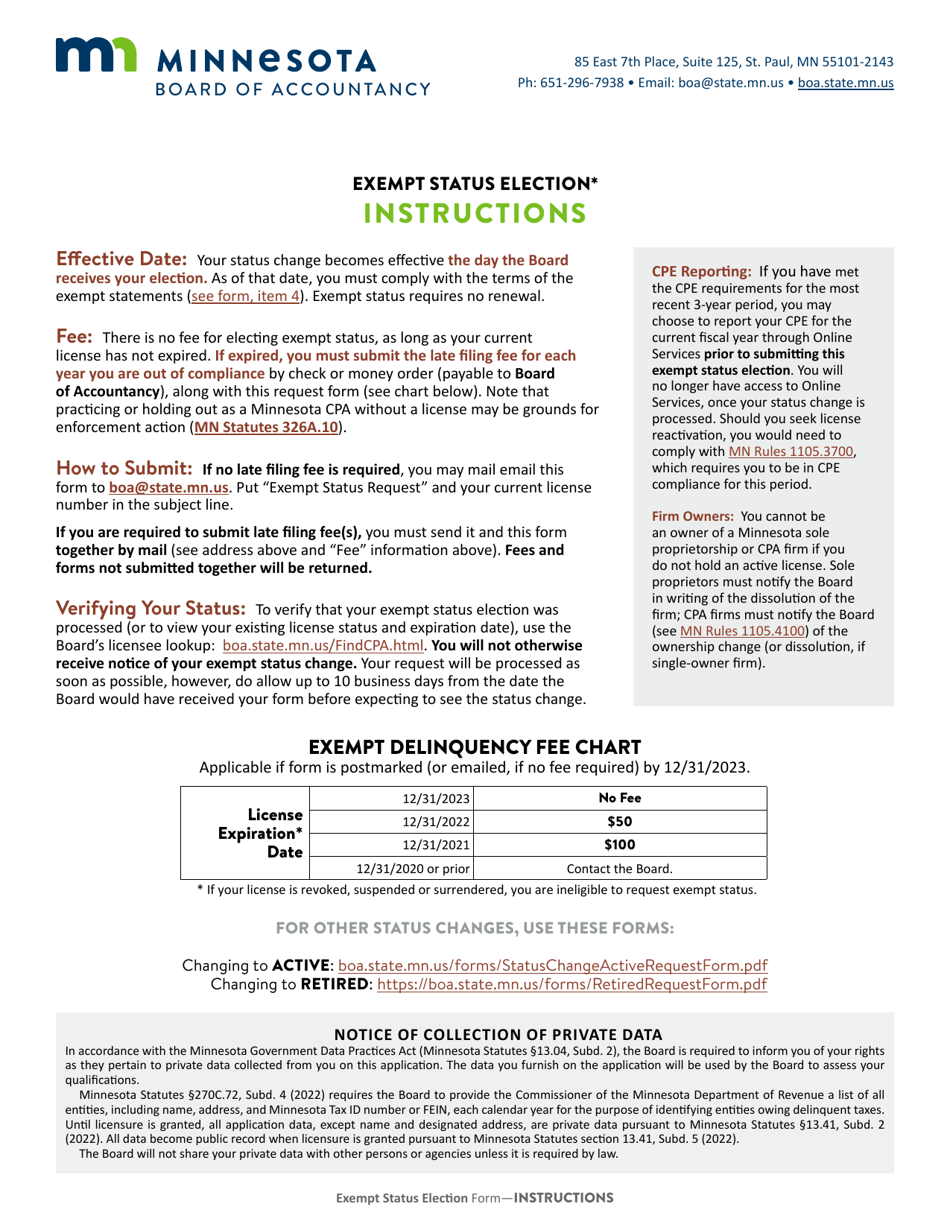 Exempt Status Election Form - Minnesota, Page 1