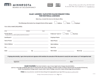 Document preview: Name/Address/Employer Change Request Form for Individual Licensees - Minnesota