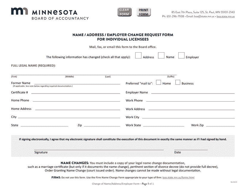 Name/Address/Employer Change Request Form for Individual Licensees - Minnesota