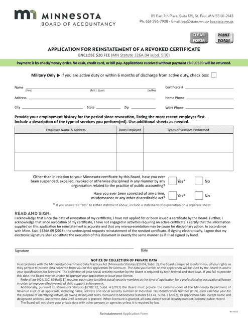 Application for Reinstatement of a Revoked Certificate - Minnesota Download Pdf