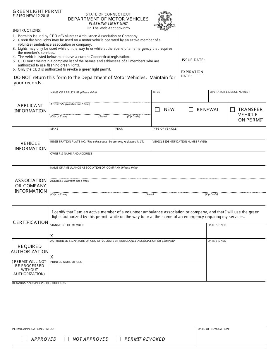 Form E-215G Green Light Permit - Connecticut, Page 1
