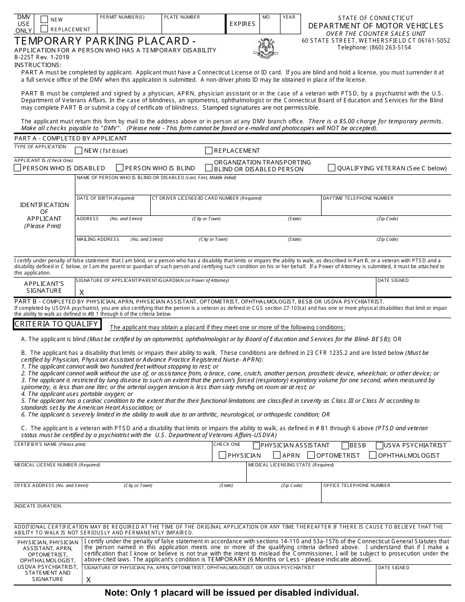 Form B-225T Temporary Parking Placard - Application for a Person Who Has a Temporary Disability - Connecticut, Page 1