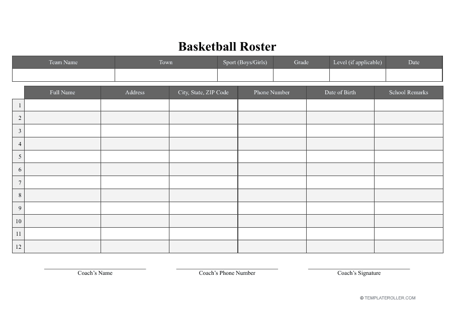 Basketball Roster Template Download Printable PDF Templateroller