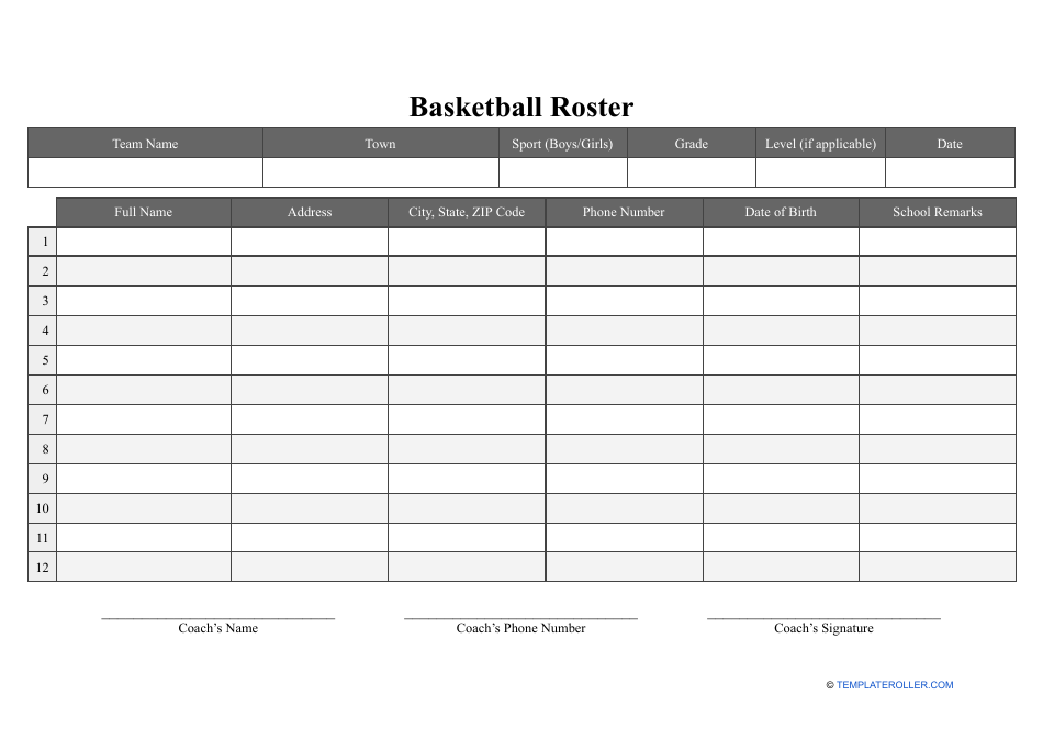 Basketball Roster Template - Customizable Document