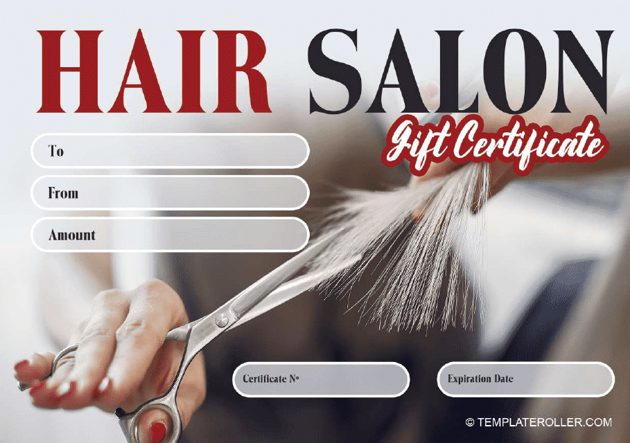A stylish gift certificate for a hair salon gift program displaying a beautiful haircut.