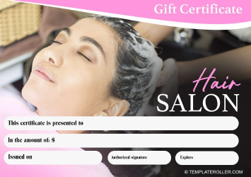 Document preview: Hair Salon Gift Certificate - Washing Head