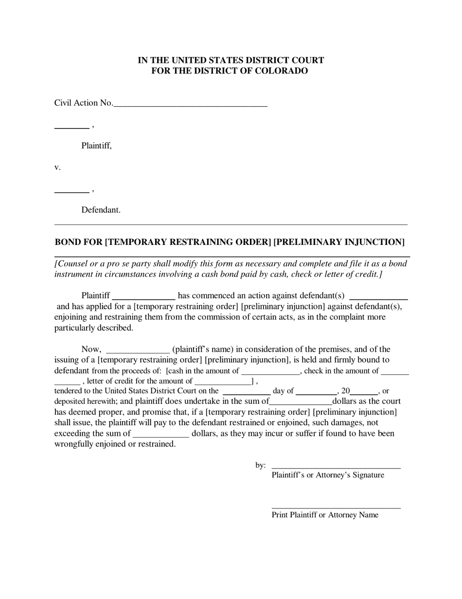 Temporary Restraining Order Cash Bond Form - Colorado, Page 1