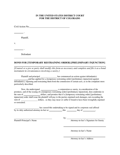 Temporary Restraining Order Surety Bond Form - Colorado