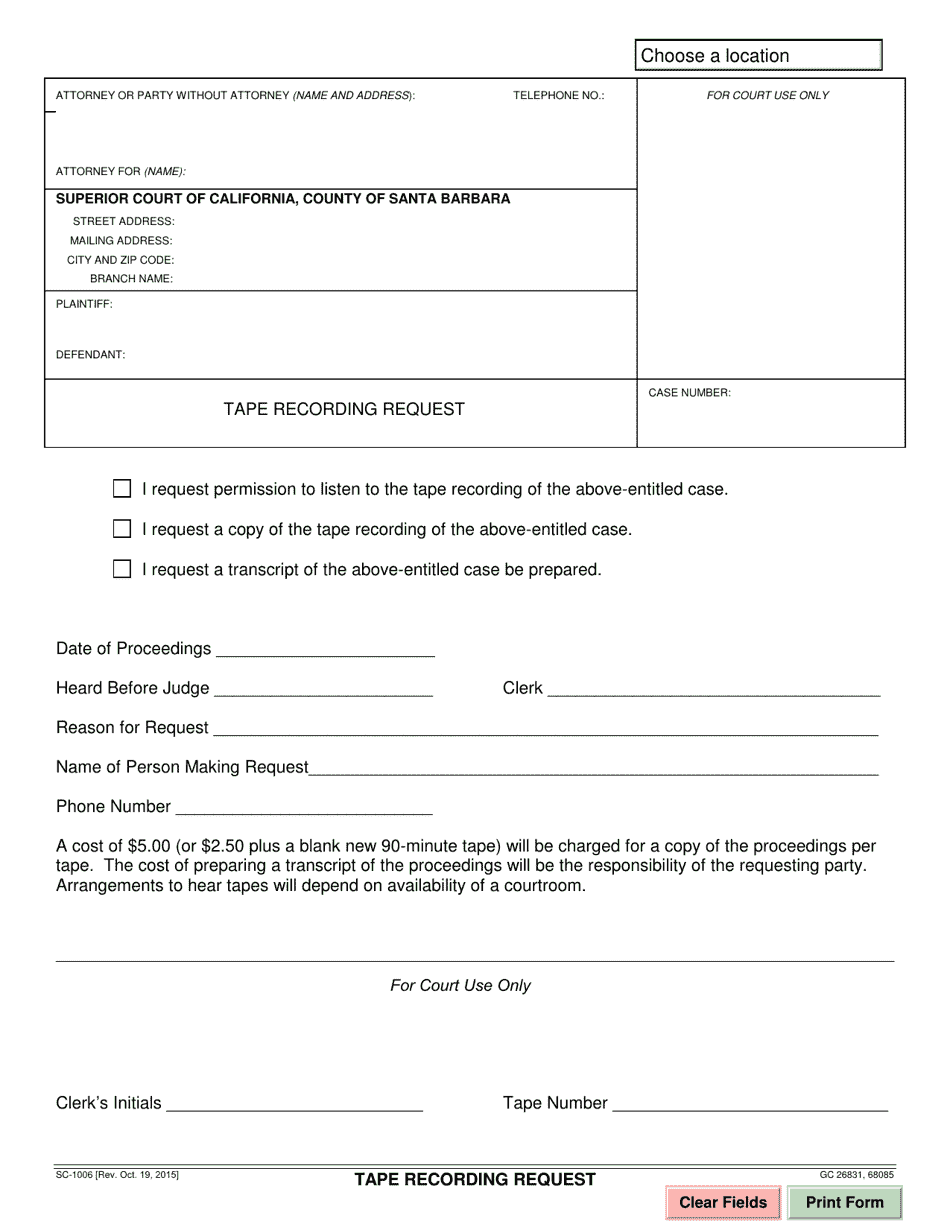 Form SC-1006 Tape Recording Request - Santa Barbara County, California, Page 1