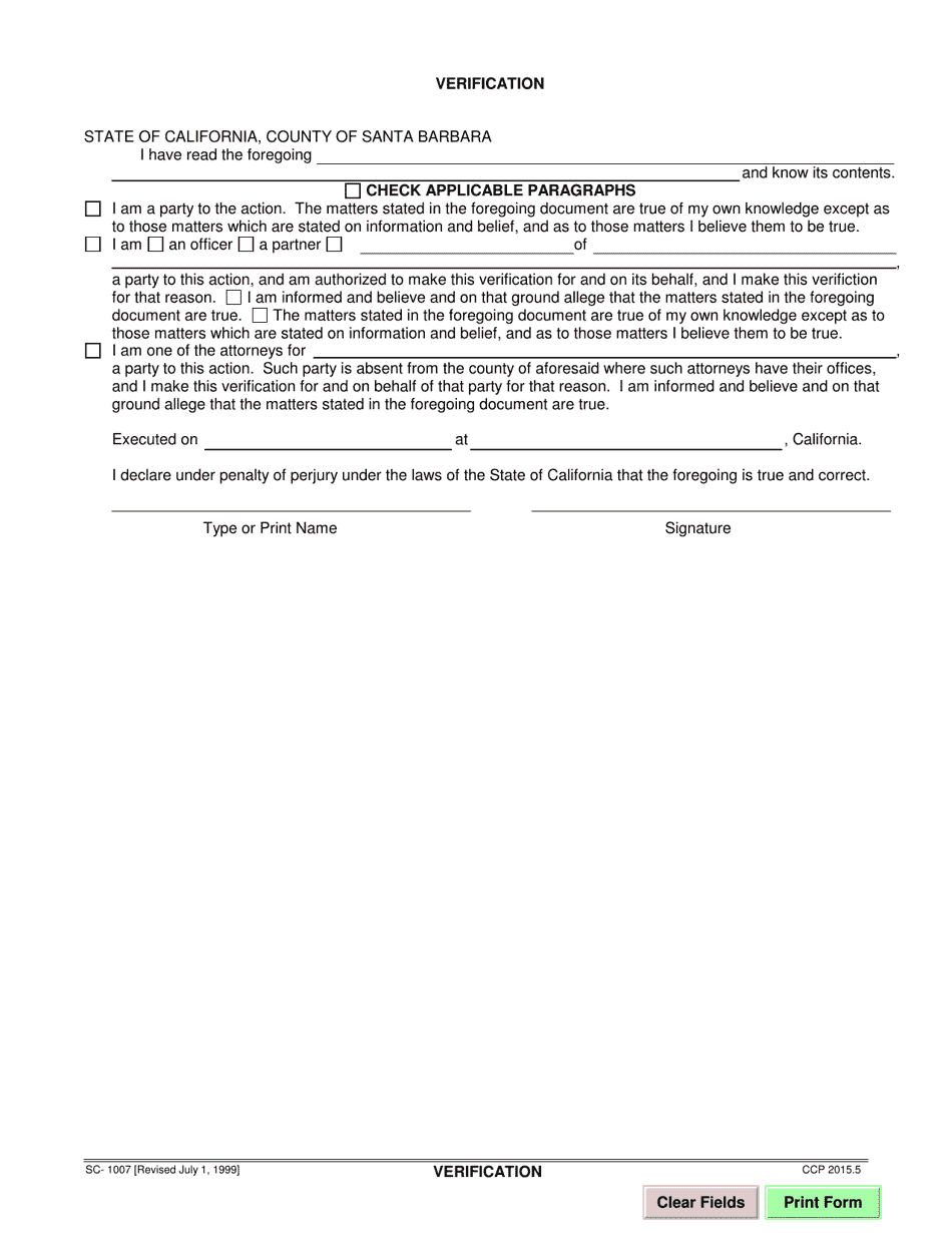 Form SC-1007 Verification - Santa Barbara County, California, Page 1