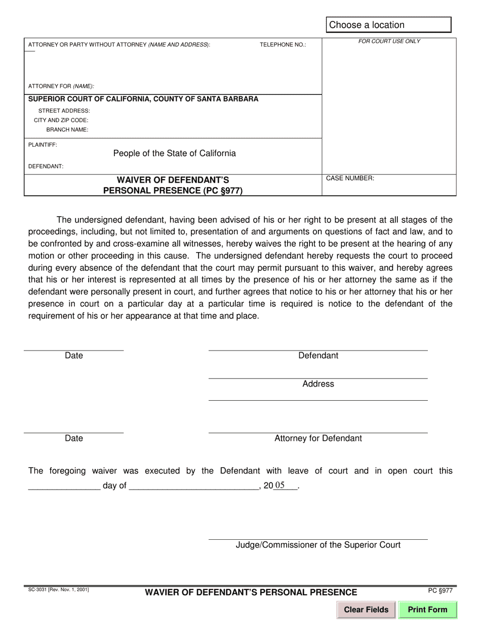 Form SC-3031 Waiver of Defendants Personal Presence (Pc 977) - Santa Barbara County, California, Page 1