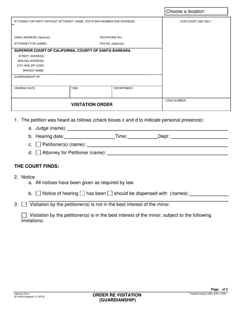 Form SC-6040 Attorney or Party Without Attorney (Name and Address) - Santa Barbara County, California